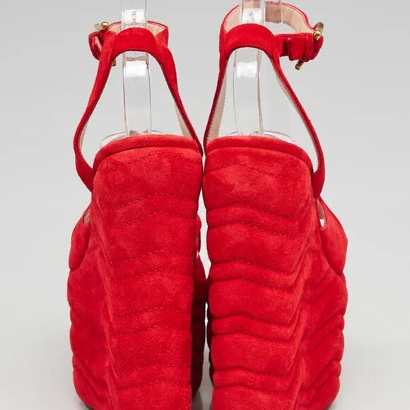 NIB Gucci Sally suede hibiscus red platform wedge heels ankle strap sandals 38 - Picture 5 of 16